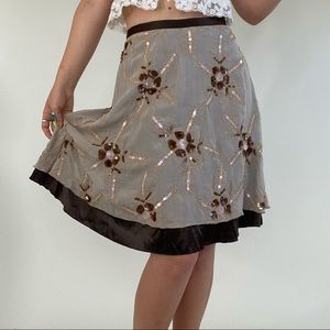 Floral embroidered and sequined neutral midi skirt